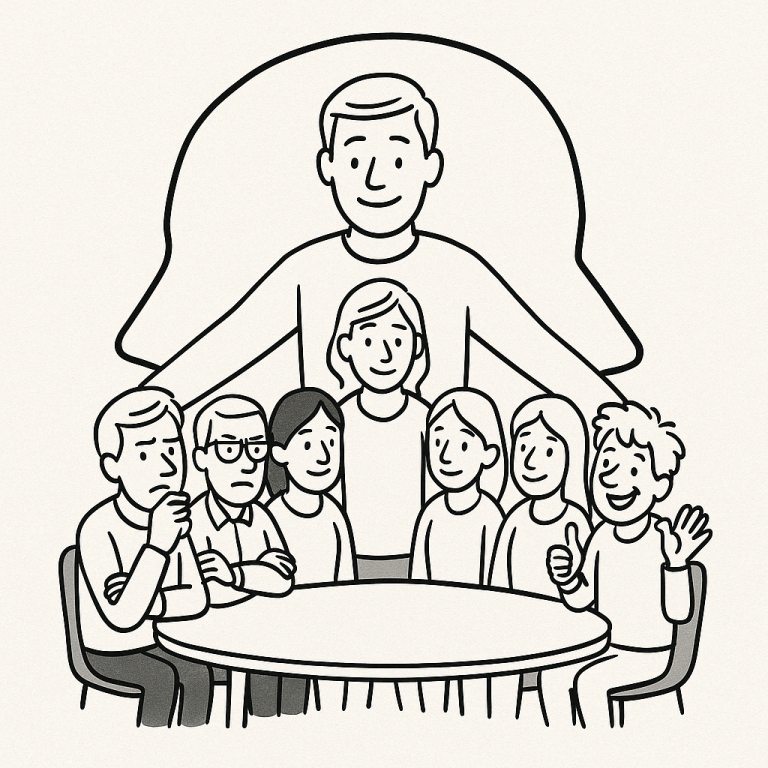 Darstellung des "Inneren Teams" Eine Gruppe von sieben Personen sitzt um einen Tisch, eine Person steht im Hintergrund.